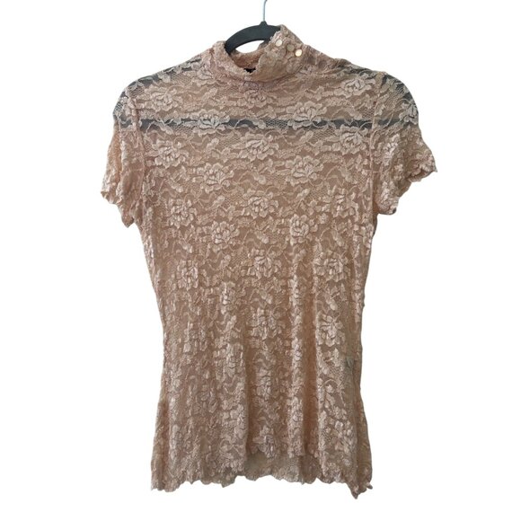 Reba Womens Tan Lace High Neck Short Sleeve Top L Rare - Picture 2 of 12
